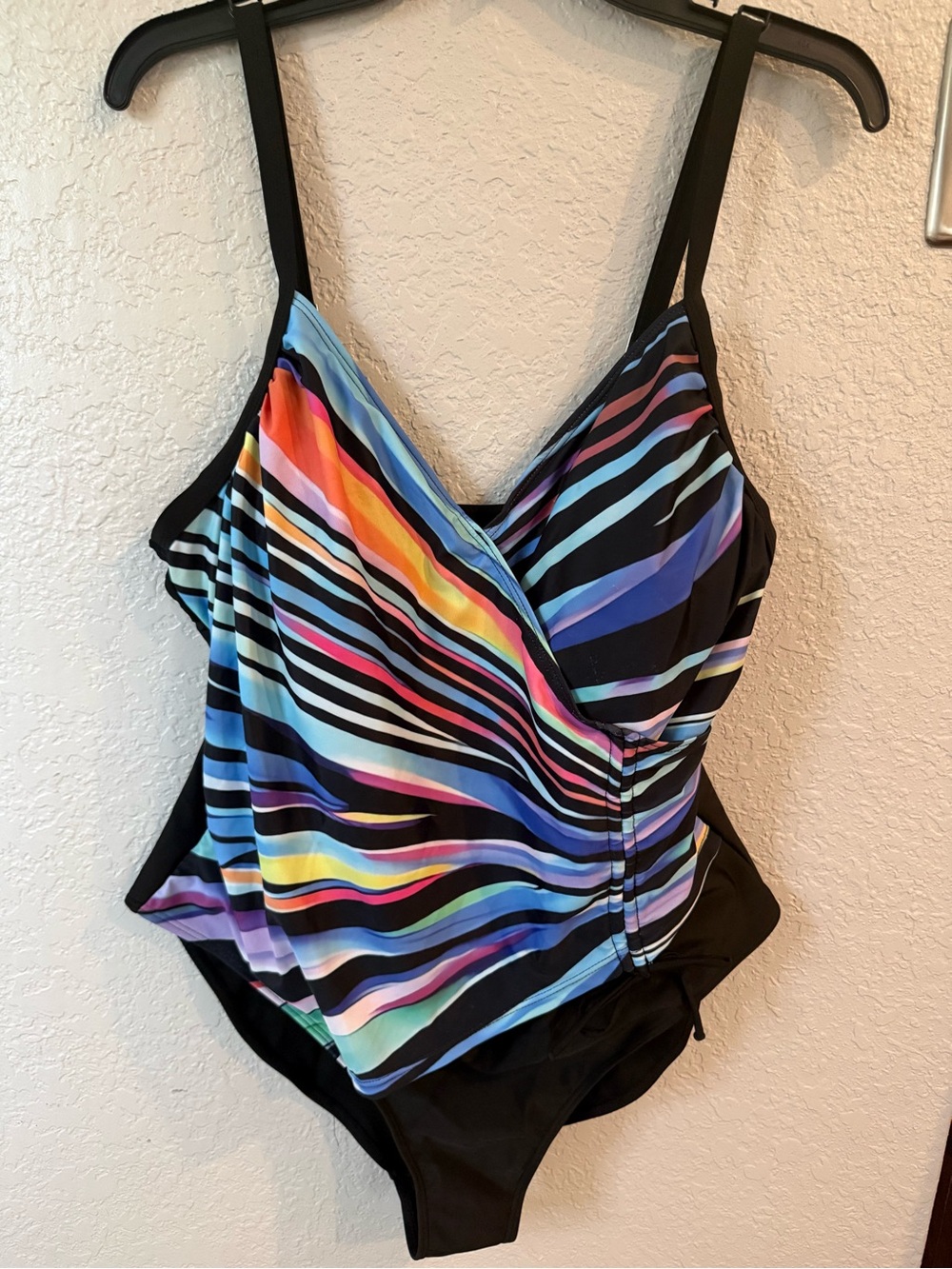 Women’s Black One-Piece Swimsuit with Multicolor Stripe Overlay